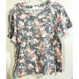 Bobbie Brooks Womens T Shirt Blouse Plus 2X Gray Floral Short Sleeve